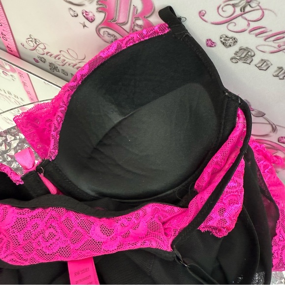 B delicious mini dress Sheer Black Chemise with Pink Lace Trim Elegant Nightwear - Picture 14 of 15